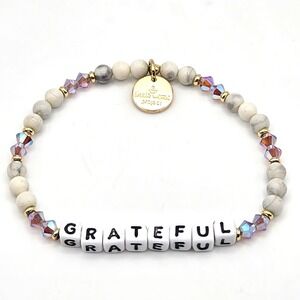 Little Words Project Grateful Beaded Bracelet Howlite Crystal Gold Tone